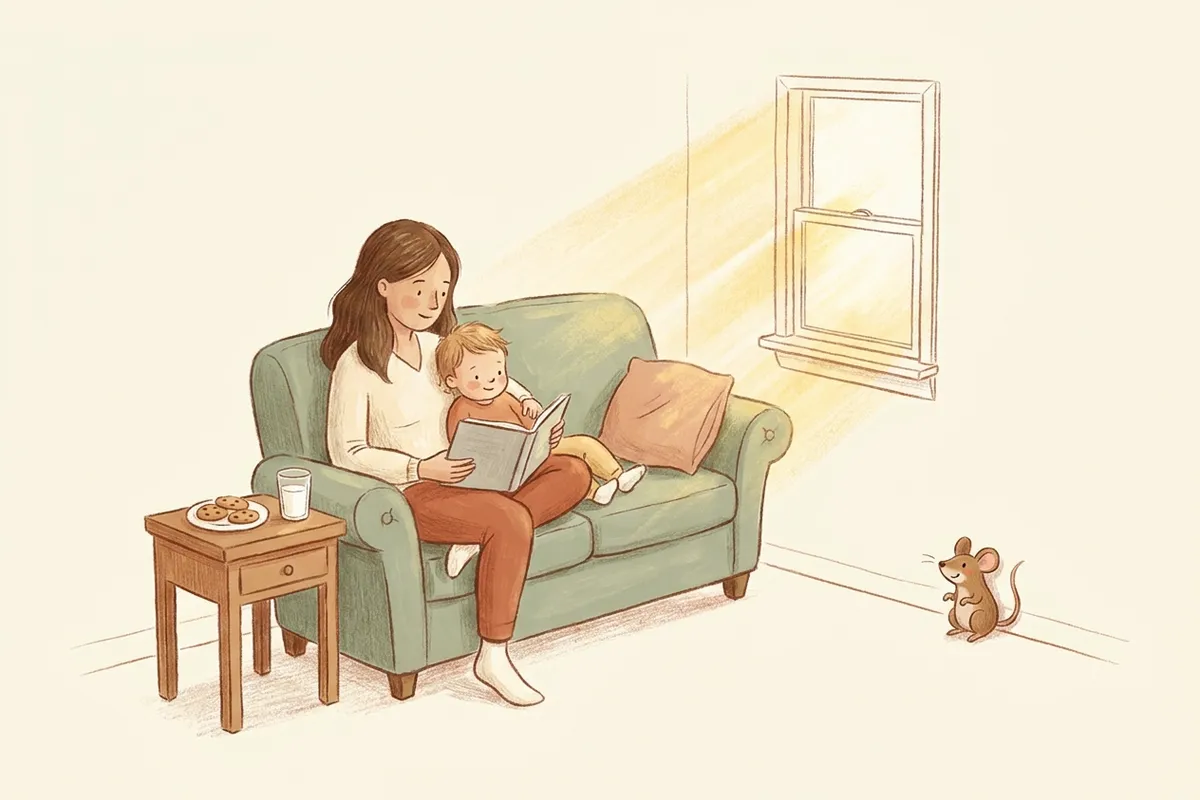 Illustration of a mother and toddler reading a picture book together with cookies and milk nearby